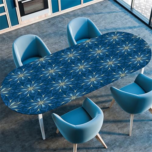 Treer 3D Mandala-Muster Tischdecke Oval,Fleckschutz Tischdecke mit Elastischem Rand,Lotuseffekt Tischdecke, Freien Küche Tischdecken Tischdecke Abwaschbar Picknick (Blau,107x152cm/42 x60) von Treer