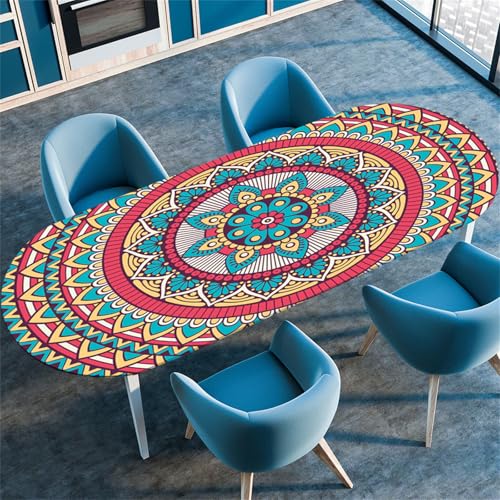 Treer 3D Mandala-Muster Tischdecke Oval,Fleckschutz Tischdecke mit Elastischem Rand,Lotuseffekt Tischdecke, Freien Küche Tischdecken Tischdecke Abwaschbar Picknick (Blau Gelb,107x173cm/42 x68) von Treer