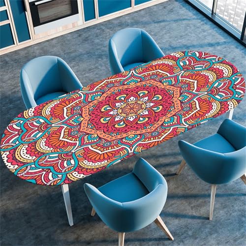 Treer 3D Mandala-Muster Tischdecke Oval,Fleckschutz Tischdecke mit Elastischem Rand,Lotuseffekt Tischdecke, Freien Küche Tischdecken Tischdecke Abwaschbar Picknick (Orange,122x173cm/48 x68) von Treer