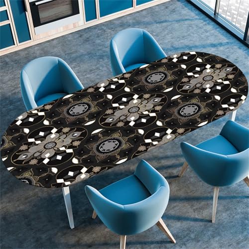 Treer 3D Mandala-Muster Tischdecke Oval,Fleckschutz Tischdecke mit Elastischem Rand,Lotuseffekt Tischdecke, Freien Küche Tischdecken Tischdecke Abwaschbar Picknick (Schwarz,107x165cm/42 x65) von Treer