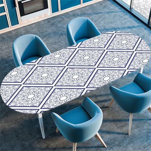 Treer 3D Mandala-Stil Tischdecke Oval,Fleckschutz Tischdecke mit Elastischem Rand,Lotuseffekt Tischdecke, Freien Küche Tischdecken Tischdecke Abwaschbar Picknick (Blau Weiß,107x183cm/42 x72) von Treer