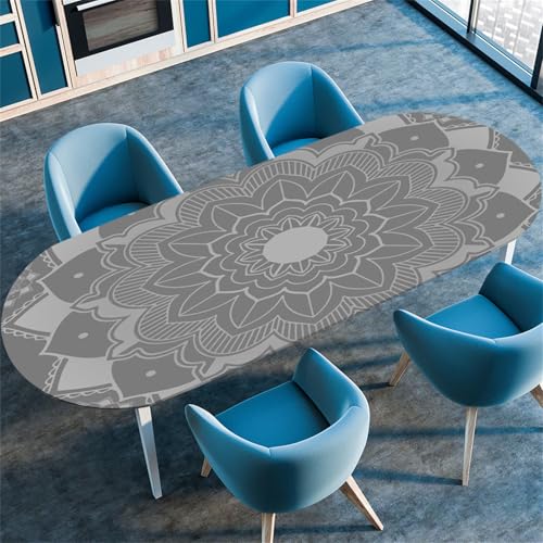 Treer 3D Mandala-Stil Tischdecke Oval,Fleckschutz Tischdecke mit Elastischem Rand,Lotuseffekt Tischdecke, Freien Küche Tischdecken Tischdecke Abwaschbar Picknick (Grau,107x165cm/42 x65) von Treer