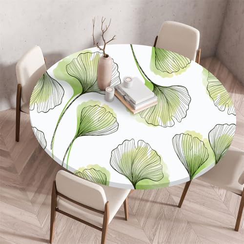 Treer 3D Pflanzenmuster Tischdecke Outdoor Rund, Lotuseffekt Tischdecke Abwaschbar Elastisch Rund Gartentischdecke, für Garten, Küche, Esstisch, Parteien Tischdecken (90cm,Ginkgo Biloba) von Treer