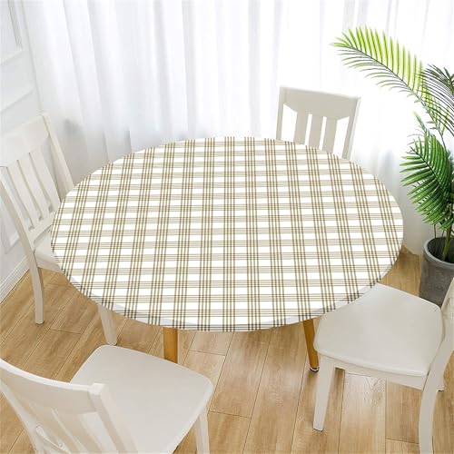 Treer 3D Tischdecke Outdoor Rund, Mehrfarbiges Karomuster Lotuseffekt Tischdecke Abwaschbar Elastisch Rund Gartentischdecke, für Garten, Küche, Esstisch, Parteien Tischdecken (100cm,Beige) von Treer