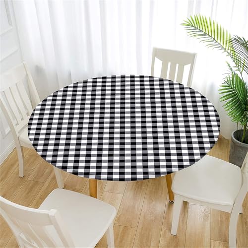 Treer 3D Tischdecke Outdoor Rund, Mehrfarbiges Karomuster Lotuseffekt Tischdecke Abwaschbar Elastisch Rund Gartentischdecke, für Garten, Küche, Esstisch, Parteien Tischdecken (100cm,Schwarz) von Treer