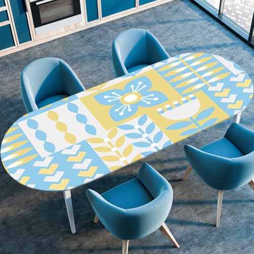 Treer Blumendruck Tischdecke Oval mit Elastischem Rand, Fleckschutz Ovale Tischdecke, Tischdecke Abwaschbar Oval, Lotuseffekt Tischdecke für Esszimmer, Küche, Picknick (Blau Gelb,114x142cm) von Treer