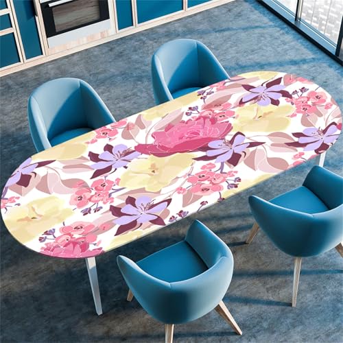 Treer Blumenstil Tischdecke Oval,Fleckschutz Tischdecke mit Elastischem Rand,Lotuseffekt Tischdecke, Freien Küche Tischdecken Tischdecke Abwaschbar Picknick (Blumen 1,107x165cm/42 x65) von Treer