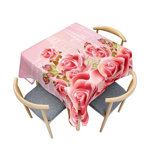 Treer Eckig Tischdecke, Rosen zum Valentinstag Tischdecke Abwaschbar, Tischdecken Haben Lotuseffekt, Abwischbare Tischdecke für Picknick Couchtisch Hochzeiten oder Haushalt (Rosa1,140x140cm) von Treer