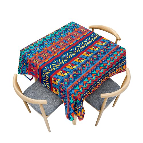 Treer Farbenfroher Ethnischer Stil Tischdecke Abwaschbar, Tischdecke Polyester Haben Lotuseffekt, Spritzfest Tischdecke für Küchendekoration Eckig Tablecloth Picknick Freien (100x100cm,Blau) von Treer