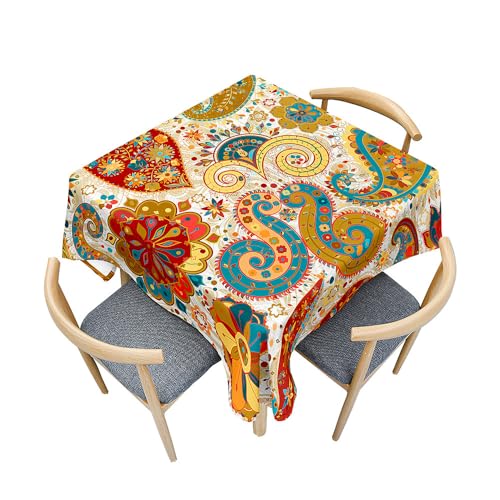 Treer Farbenfroher Ethnischer Stil Tischdecke Abwaschbar, Tischdecke Polyester Haben Lotuseffekt, Spritzfest Tischdecke für Küchendekoration Eckig Tablecloth Picknick Freien (60x60cm,Ethnischer Stil) von Treer