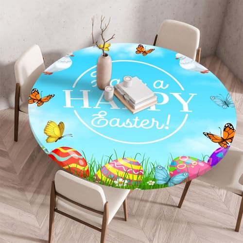 Treer Frühling Ostern Tischdecke Outdoor, Lotuseffekt Tischdecke Abwaschbar Elastisch Rund Gartentischdecke, für Garten,Küche,Esstisch,Parteien Wiederverwendbar Tischdecken (Frohe Ostern,100cm) von Treer