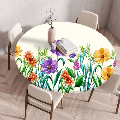 Treer Frühlingsblumen Tischdecke Outdoor, Lotuseffekt Tischdecke Abwaschbar Elastisch Rund Gartentischdecke, für Garten,Küche,Esstisch,Parteien Wiederverwendbar Tischdecken (Sonnenblume,100cm) von Treer