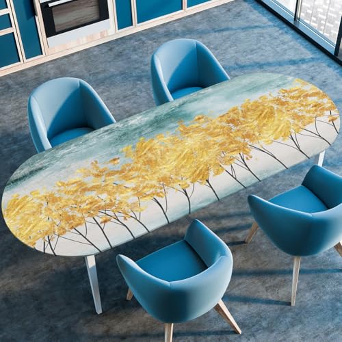 Treer Gold Tischdecke Oval mit Elastischem Rand, Fleckschutz Ovale Tischdecke, Tischdecke Abwaschbar Oval, Lotuseffekt Tischdecke für Esszimmer, Küche, Picknick (114x142cm,Goldene Blätter) von Treer