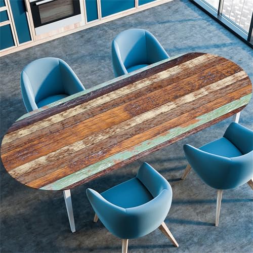 Treer Holzbrett Textur Tischdecke Oval,Fleckschutz Tischdecke mit Elastischem Rand,Lotuseffekt Tischdecke, Freien Küche Tischdecken Tischdecke Abwaschbar Picknick (Grünbraun,132x178cm/52 x70) von Treer