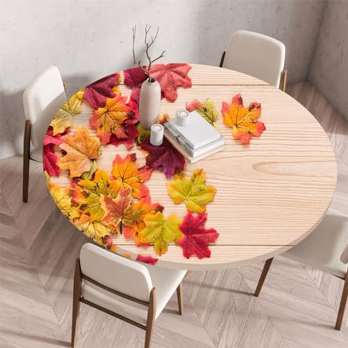 Treer Holzmaserung Blumen Tischdecke Outdoor, Lotuseffekt Tischdecke Abwaschbar Elastisch Rund Gartentischdecke, für Küche,Esstisch,Parteien Wiederverwendbar Tischdecken (Ahornblätter,90cm) von Treer