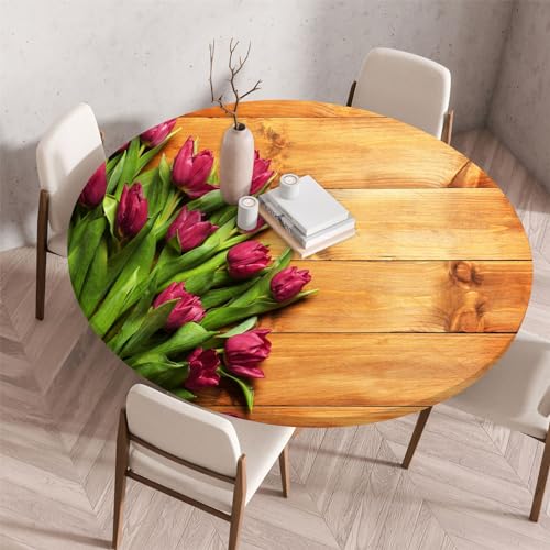 Treer Holzmaserung Blumen Tischdecke Outdoor, Lotuseffekt Tischdecke Abwaschbar Elastisch Rund Gartentischdecke, für Küche,Esstisch,Parteien Wiederverwendbar Tischdecken (Holzmaserung,110cm) von Treer