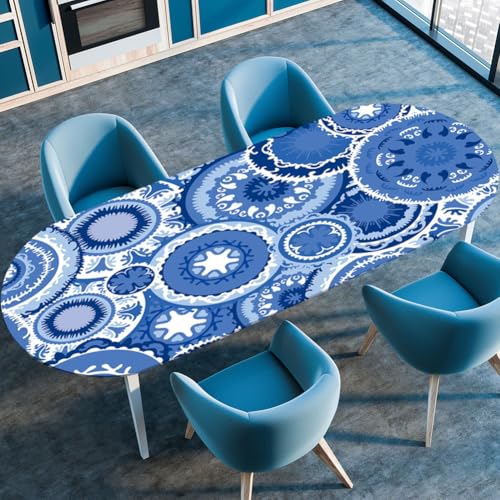 Treer Kürbisdruck Tischdecke Oval mit Elastischem Rand, Fleckschutz Ovale Tischdecke, Tischdecke Abwaschbar Oval, Lotuseffekt Tischdecke für Esszimmer, Küche, Picknick (122x183cm,Blaues Mandala) von Treer