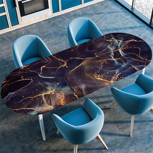 Treer Marmor Stil Tischdecke Oval mit Elastischem Rand, Fleckschutz Tischdecke, Lotuseffekt Tischdecke, Freien Küche Tischdecken Tischdecke Abwaschbar Picknick (Marineblau,132x229cm/52 x90) von Treer