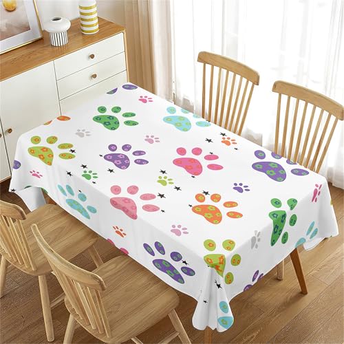 Treer Mehrfarbige Pfotenabdrücke Rechteckig Tischdecke, Tischdecke Abwaschbar, Tischdecken Haben Lotuseffekt, Fleckschutz Table Cloth für Picknick Couchtisch Hochzeiten Haushalt (Weiß,100x140cm) von Treer