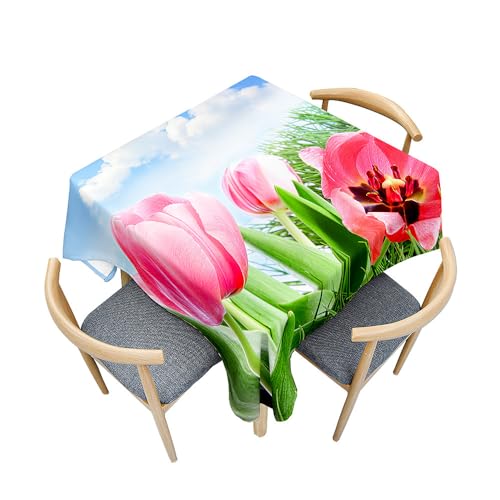 Treer Mehrfarbige Tulpen 3D Druck Tischdecke Abwaschbar, Tischdecke Polyester Haben Lotuseffekt, Spritzfest Tischdecke für Küchendekoration Eckig Tablecloth Picknick Freien (Blauer Himmel,200x200cm) von Treer