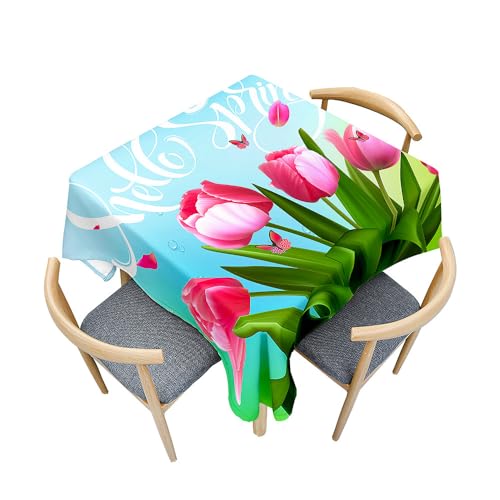 Treer Mehrfarbige Tulpen 3D Druck Tischdecke Abwaschbar, Tischdecke Polyester Haben Lotuseffekt, Spritzfest Tischdecke für Küchendekoration Eckig Tablecloth Picknick Freien (Grüne Blätter,140x140cm) von Treer