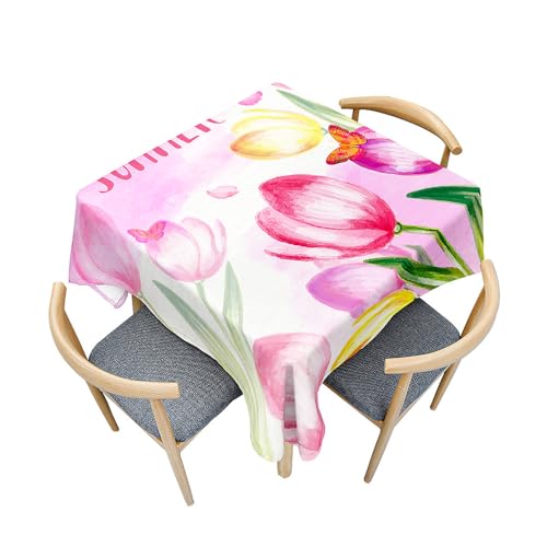 Treer Mehrfarbige Tulpen 3D Druck Tischdecke Abwaschbar, Tischdecke Polyester Haben Lotuseffekt, Spritzfest Tischdecke für Küchendekoration Eckig Tablecloth Picknick Freien (Hellrosa,100x100cm) von Treer