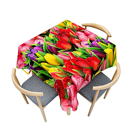 Treer Mehrfarbige Tulpen 3D Druck Tischdecke Abwaschbar, Tischdecke Polyester Haben Lotuseffekt, Spritzfest Tischdecke für Küchendekoration Eckig Tablecloth Picknick Freien (Mehrfarbig,100x100cm) von Treer