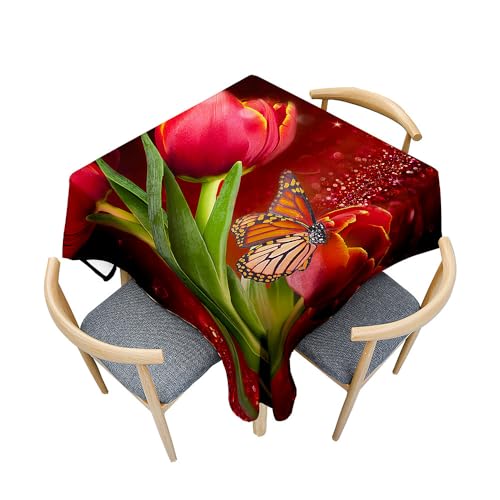 Treer Mehrfarbige Tulpen 3D Druck Tischdecke Abwaschbar, Tischdecke Polyester Haben Lotuseffekt, Spritzfest Tischdecke für Küchendekoration Eckig Tablecloth Picknick Freien (Schmetterlinge,90x90cm) von Treer