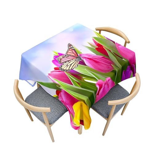 Treer Mehrfarbige Tulpen 3D Druck Tischdecke Abwaschbar, Tischdecke Polyester Haben Lotuseffekt, Spritzfest Tischdecke für Küchendekoration Eckig Tablecloth Picknick Freien (Tulpen,100x100cm) von Treer