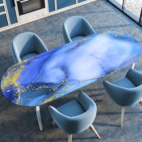 Treer Nordischer Marmor Tischdecke Oval mit Elastischem Rand, Fleckschutz Ovale Tischdecke, Tischdecke Abwaschbar Oval, Lotuseffekt Tischdecke für Esszimmer, Küche, Picknick (Blauer Marmor,132x274cm) von Treer