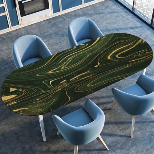 Treer Nordischer Marmor Tischdecke Oval mit Elastischem Rand, Fleckschutz Ovale Tischdecke, Tischdecke Abwaschbar Oval, Lotuseffekt Tischdecke für Esszimmer, Küche, Picknick (Dunkelgrün,107x152cm) von Treer