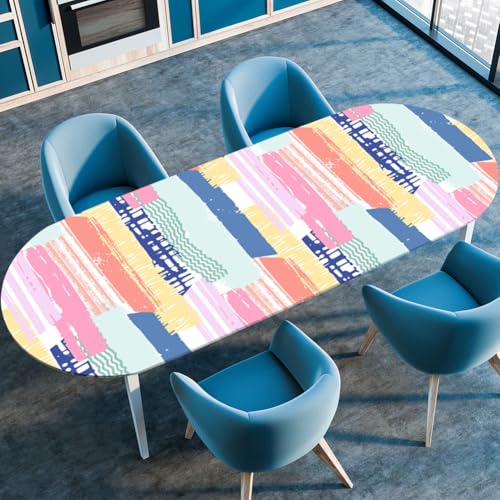 Treer Retro-Textur Tischdecke Oval mit Elastischem Rand, Fleckschutz Ovale Tischdecke, Tischdecke Abwaschbar Oval, Lotuseffekt Tischdecke für Esszimmer, Küche, Picknick (107x183cm,Grün Rosa) von Treer