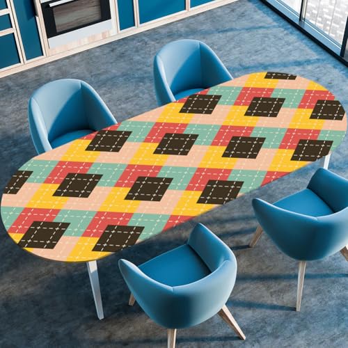 Treer Retro-Textur Tischdecke Oval mit Elastischem Rand, Fleckschutz Ovale Tischdecke, Tischdecke Abwaschbar Oval, Lotuseffekt Tischdecke für Esszimmer, Küche, Picknick (132x229cm,Diamantgitter) von Treer