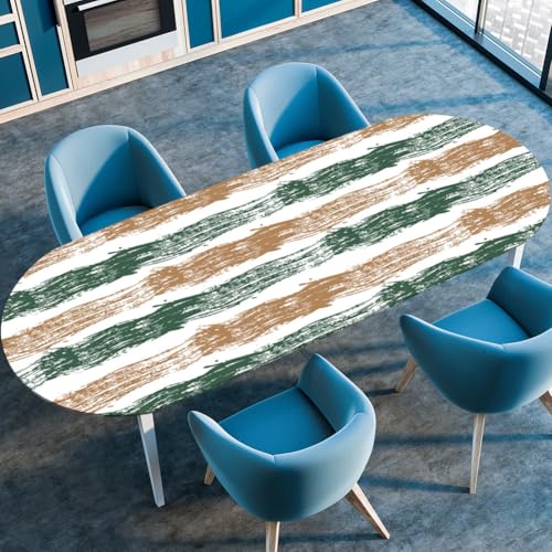 Treer Retro-Textur Tischdecke Oval mit Elastischem Rand, Fleckschutz Ovale Tischdecke, Tischdecke Abwaschbar Oval, Lotuseffekt Tischdecke für Esszimmer, Küche, Picknick (132x274cm,Braungrün) von Treer