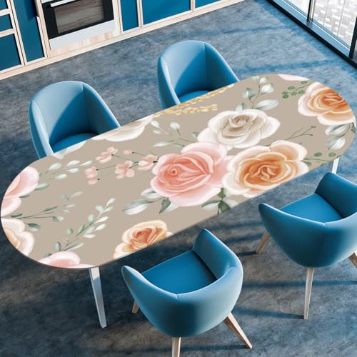 Treer Rosenblüte Tischdecke Oval mit Elastischem Rand, Fleckschutz Ovale Tischdecke, Tischdecke Abwaschbar Oval, Lotuseffekt Tischdecke für Esszimmer, Küche, Picknick (107x173cm,Rose 1) von Treer