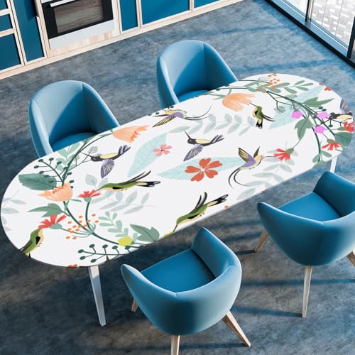 Treer Rosenblüte Tischdecke Oval mit Elastischem Rand, Fleckschutz Ovale Tischdecke, Tischdecke Abwaschbar Oval, Lotuseffekt Tischdecke für Esszimmer, Küche, Picknick (132x178cm,Vogel) von Treer