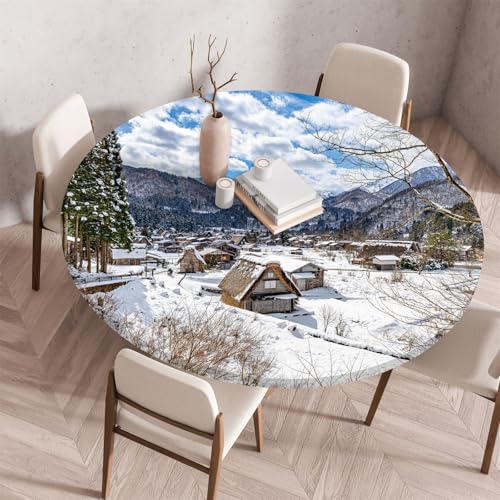 Treer Tablecloth Protector Wipeable Round Table Cloth, 3D Snow Landscape Print Round Elastic Edged Fitted Backed Table Cover Washable for Dinning Room Kitchen Picnic Party (Haus,110cm) von Treer