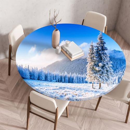 Treer Tablecloth Protector Wipeable Round Table Cloth, 3D Snow Landscape Print Round Elastic Edged Fitted Backed Table Cover Washable for Dinning Room Kitchen Picnic Party (Schnee,100cm) von Treer