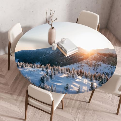 Treer Tablecloth Protector Wipeable Round Table Cloth, 3D Snow Landscape Print Round Elastic Edged Fitted Backed Table Cover Washable for Dinning Room Kitchen Picnic Party (Sonne,100cm) von Treer