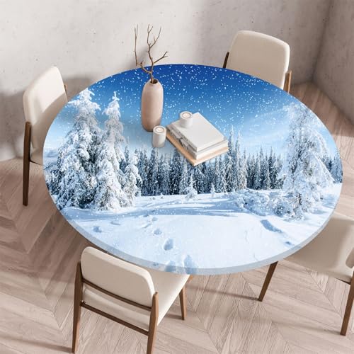 Treer Tablecloth Protector Wipeable Round Table Cloth, 3D Snow Landscape Print Round Elastic Edged Fitted Backed Table Cover Washable for Dinning Room Kitchen Picnic Party (Weihnachtsbaum,90cm) von Treer