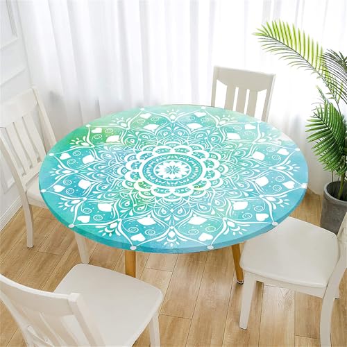 Treer Tischdecke Outdoor Rund, Abstraktes Mandala Lotuseffekt Tischdecke Abwaschbar Elastisch Rund Gartentischdecke, für Garten, Küche, Esstisch, Parteien Tischdecken (Aqua,150cm) von Treer