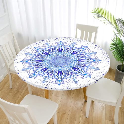 Treer Tischdecke Outdoor Rund, Abstraktes Mandala Lotuseffekt Tischdecke Abwaschbar Elastisch Rund Gartentischdecke, für Garten, Küche, Esstisch, Parteien Tischdecken (Blau,100cm) von Treer