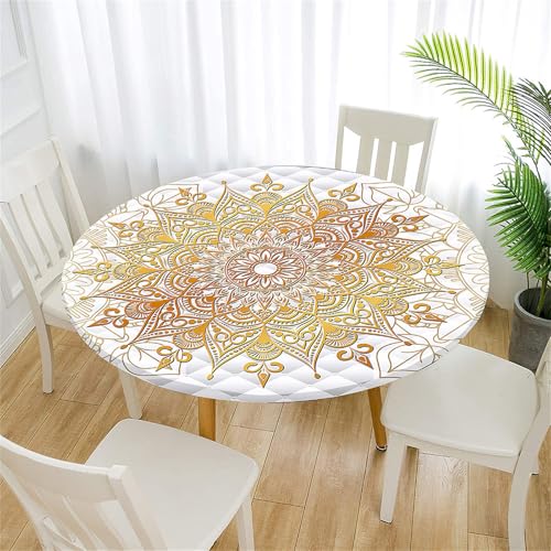 Treer Tischdecke Outdoor Rund, Abstraktes Mandala Lotuseffekt Tischdecke Abwaschbar Elastisch Rund Gartentischdecke, für Garten, Küche, Esstisch, Parteien Tischdecken (Gold,100cm) von Treer