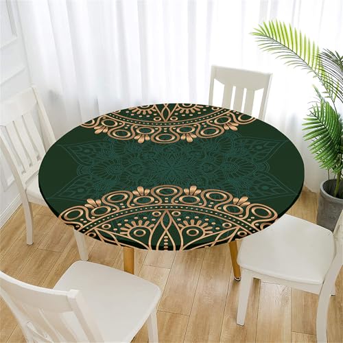 Treer Tischdecke Outdoor Rund, Abstraktes Mandala Lotuseffekt Tischdecke Abwaschbar Elastisch Rund Gartentischdecke, für Garten, Küche, Esstisch, Parteien Tischdecken (Grün,100cm) von Treer