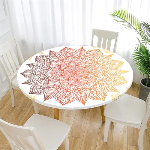 Treer Tischdecke Outdoor Rund, Abstraktes Mandala Lotuseffekt Tischdecke Abwaschbar Elastisch Rund Gartentischdecke, für Garten, Küche, Esstisch, Parteien Tischdecken (Orange,120cm) von Treer