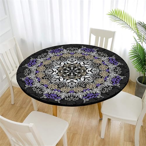 Treer Tischdecke Outdoor Rund, Abstraktes Mandala Lotuseffekt Tischdecke Abwaschbar Elastisch Rund Gartentischdecke, für Garten, Küche, Esstisch, Parteien Tischdecken (Schwarz,100cm) von Treer