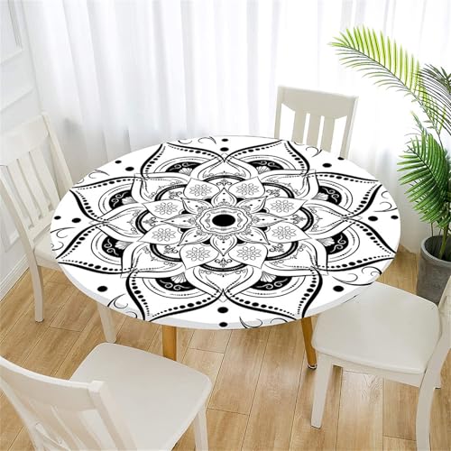 Treer Tischdecke Outdoor Rund, Abstraktes Mandala Lotuseffekt Tischdecke Abwaschbar Elastisch Rund Gartentischdecke, für Garten, Küche, Esstisch, Parteien Tischdecken (Weiß,130cm) von Treer