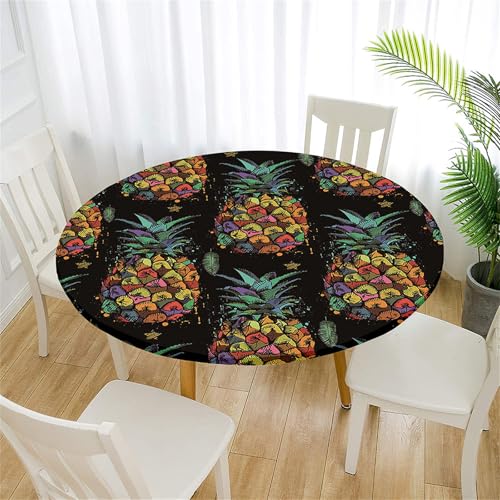 Treer Tischdecke Outdoor Rund, Ananas-Muster Lotuseffekt Tischdecke Abwaschbar Elastisch Rund Gartentischdecke, für Garten, Küche, Esstisch, Parteien Tischdecken (Schwarz,90cm) von Treer