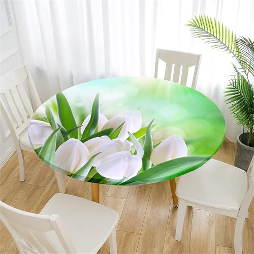 Treer Tischdecke Outdoor Rund, Bunte Tulpen Lotuseffekt Tischdecke Abwaschbar Elastisch Rund Gartentischdecke, für Garten, Küche, Esstisch, Parteien Tischdecken (Grün,90cm) von Treer