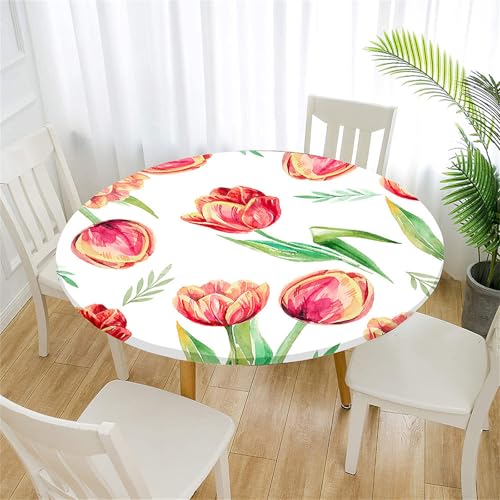 Treer Tischdecke Outdoor Rund, Bunte Tulpen Lotuseffekt Tischdecke Abwaschbar Elastisch Rund Gartentischdecke, für Garten, Küche, Esstisch, Parteien Tischdecken (Weiß,70cm) von Treer